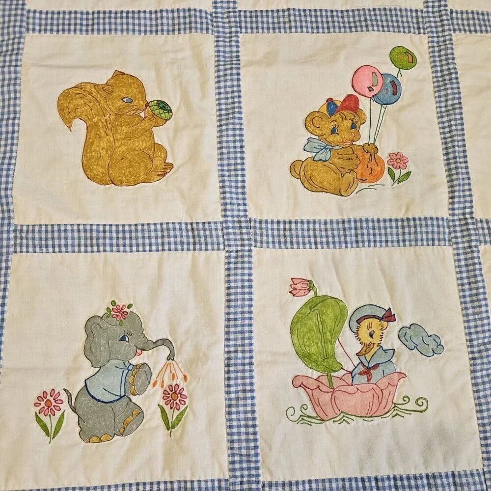 Vintage 70s Baby Quilt Kitschy Handpainted Animals Patchwork Blue 41 X 51‎ Blue
